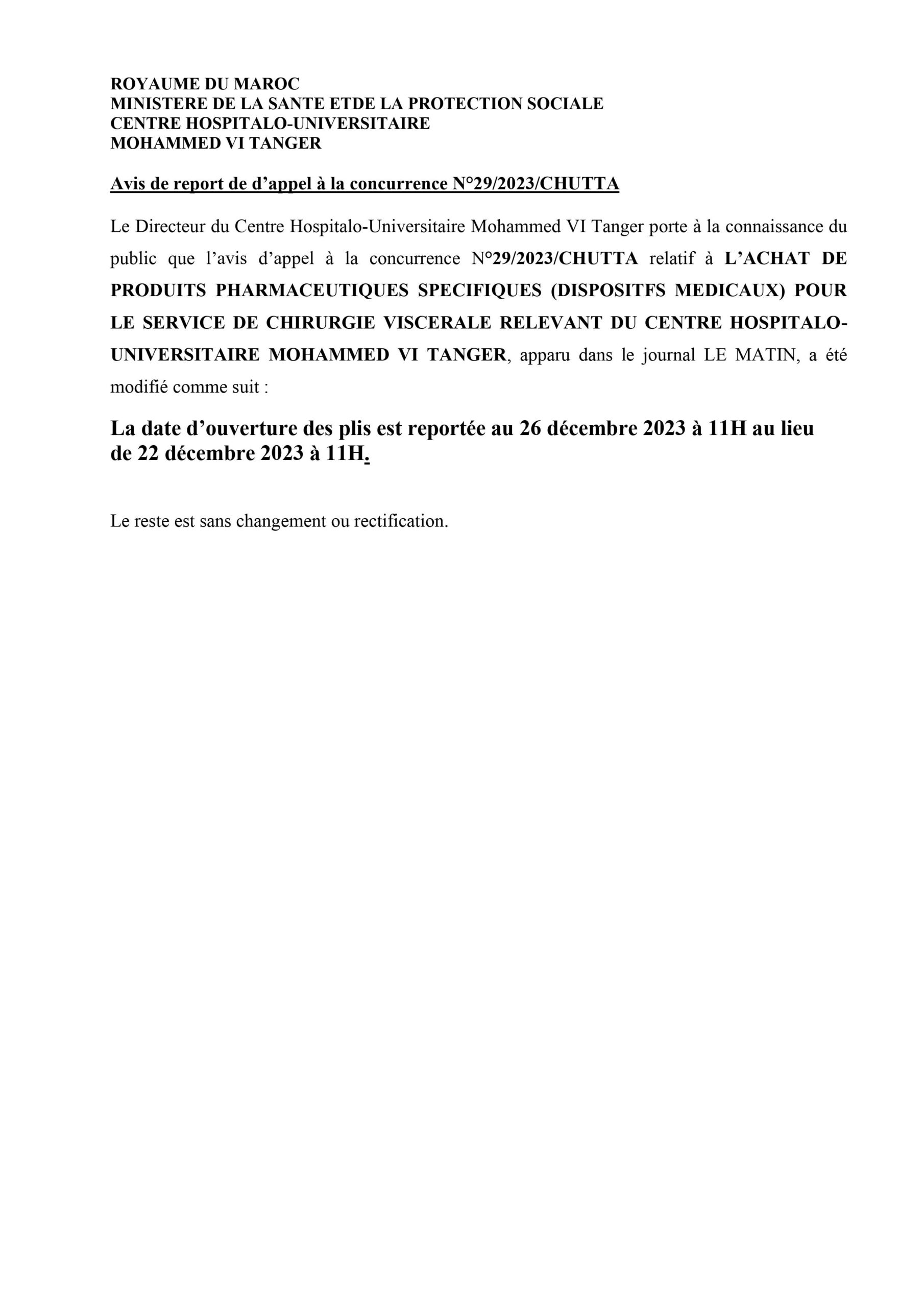 Notice of postponement of call for tenders N°29/2023/CHUTTA