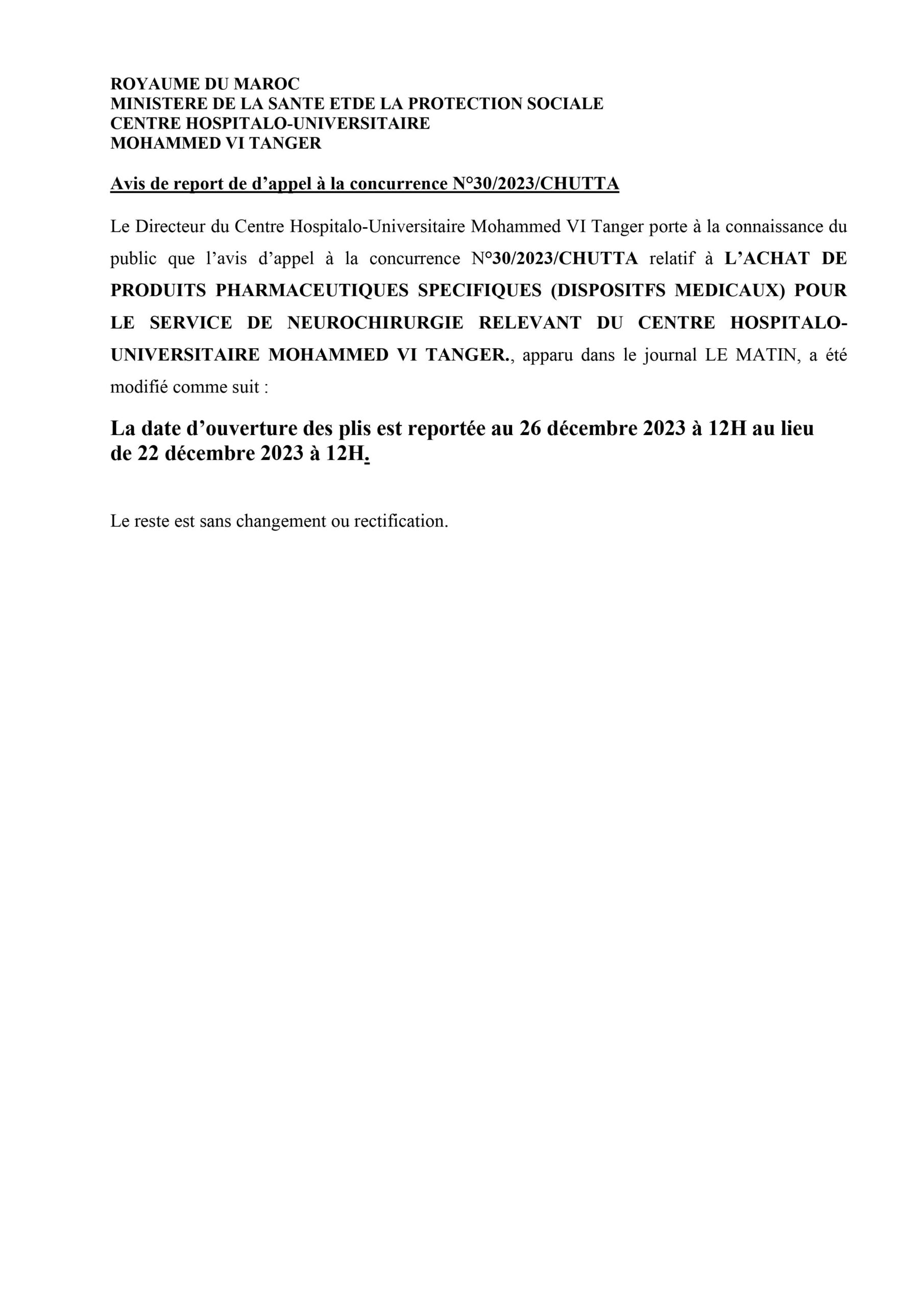 Notice of postponement of call for tenders N°30/2023/CHUTTA